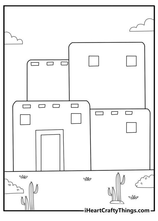 desert adobe house with cactus easy coloring page pdf