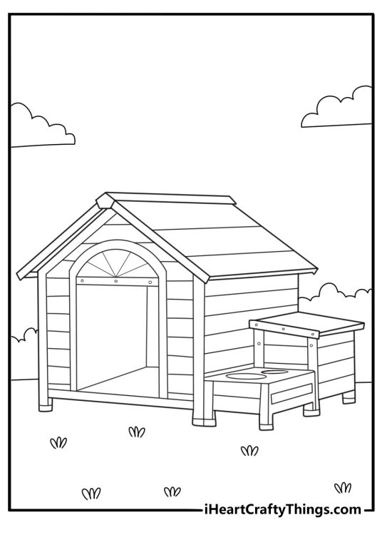 doghouse in backyard with food bowl easy house coloring page