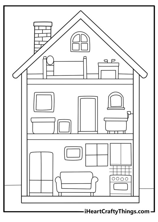 dollhouse open rooms with furniture printable house coloring page