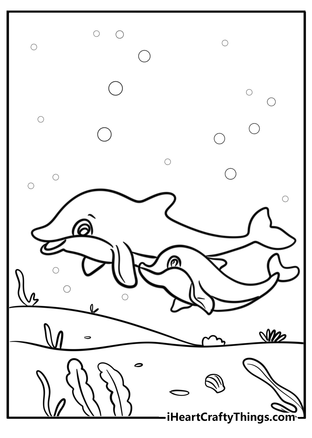 Dolphin and baby swimming together printable coloring sheet