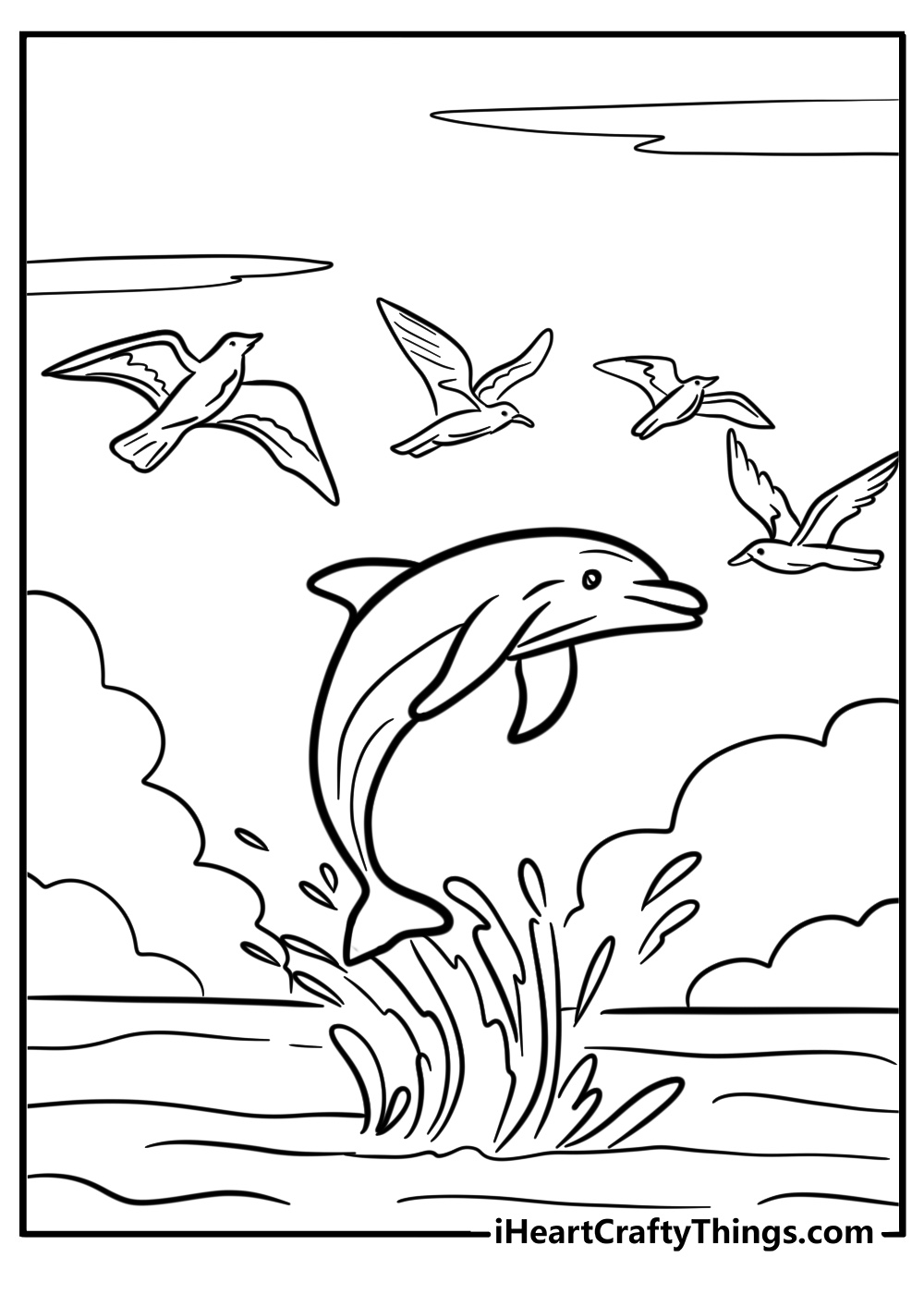 Dolphin and seagulls in the ocean coloring sheet