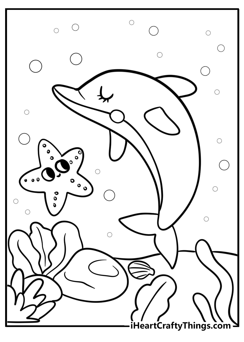 Dolphin and starfish in the sea fun coloring page for kids