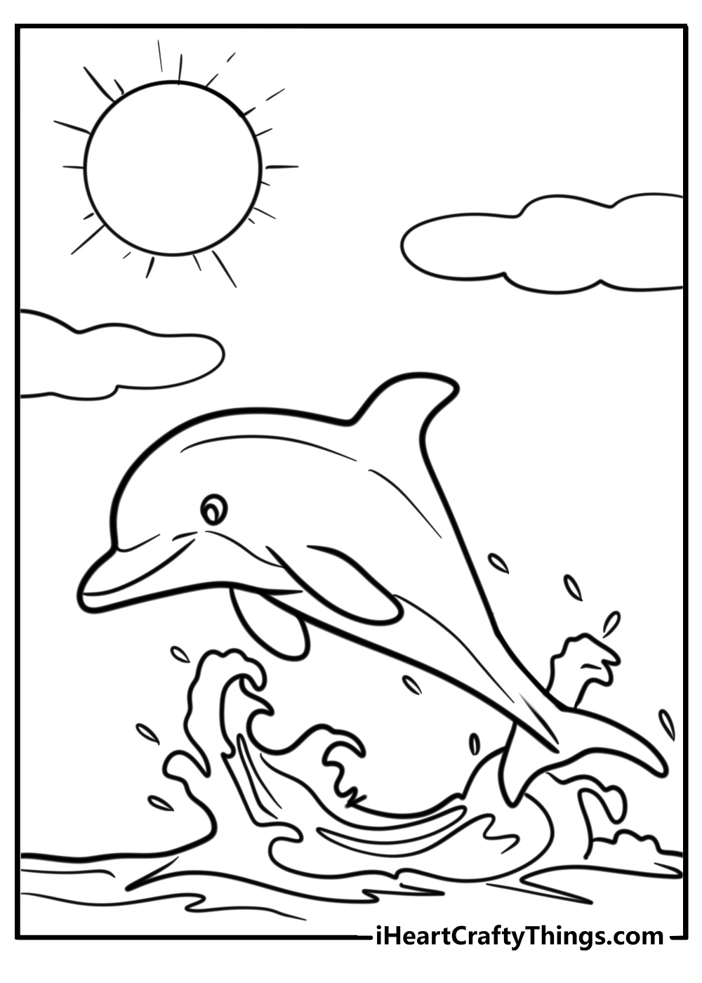 Dolphin in a sunny ocean scene printable coloring sheet