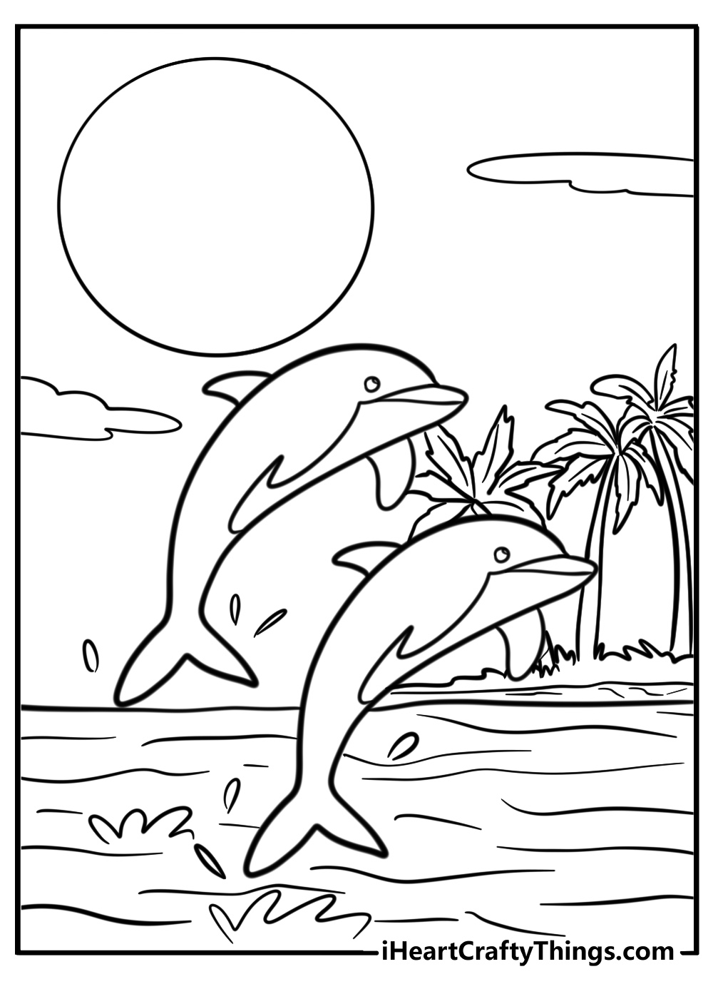 Dolphin in a tropical ocean scene coloring sheet