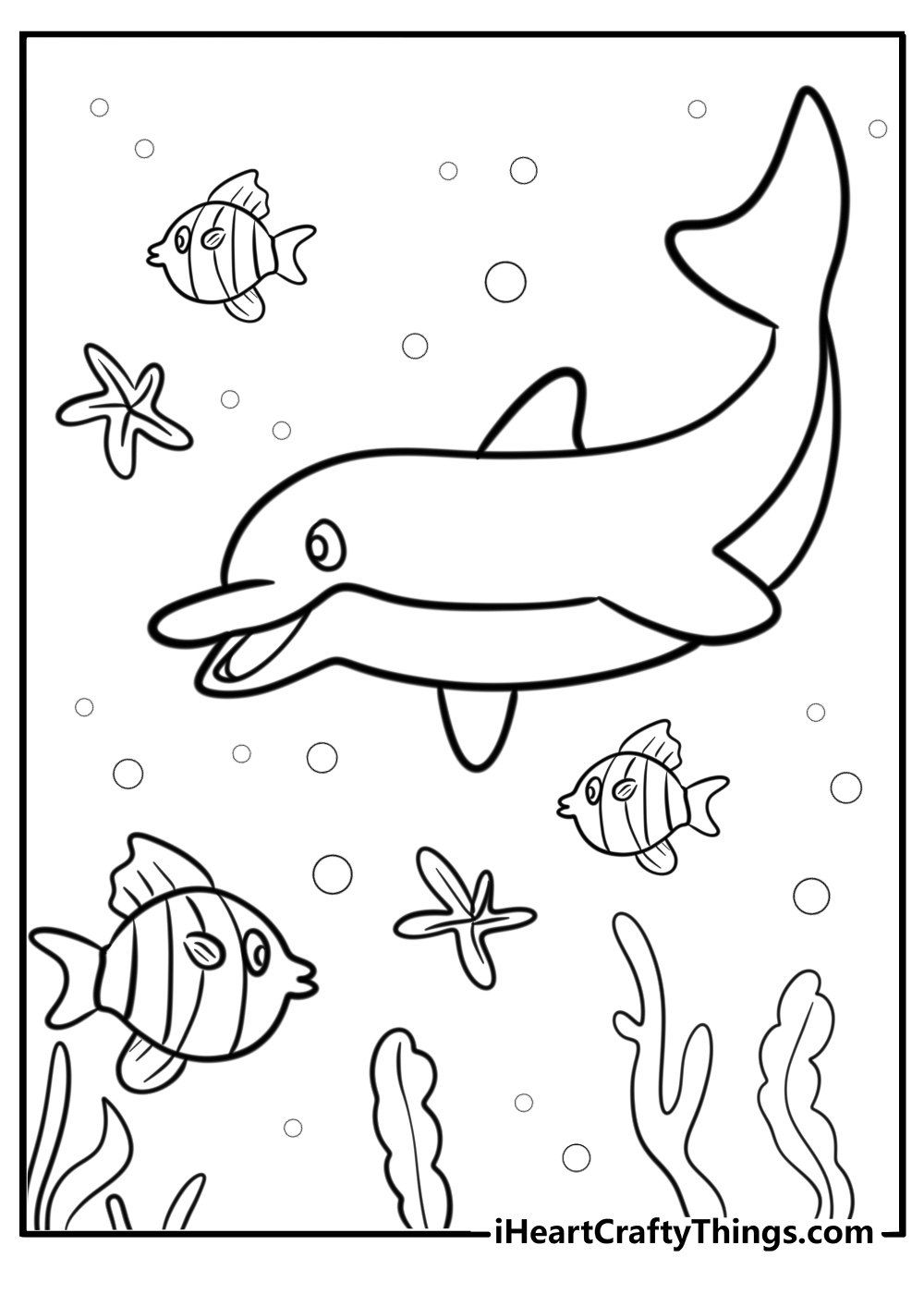 Dolphin in the sea with fish free coloring page pdf