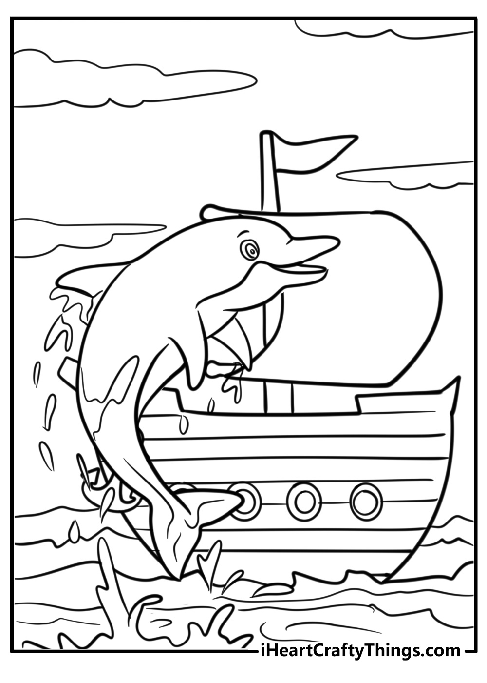 Dolphin jumping near a sailboat free coloring page