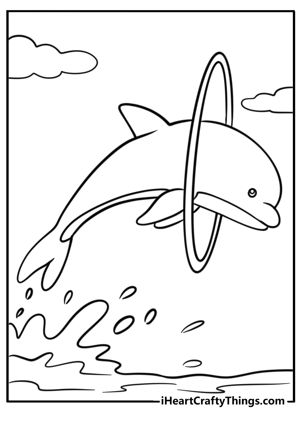 Dolphin leaping through a hoop fun coloring page