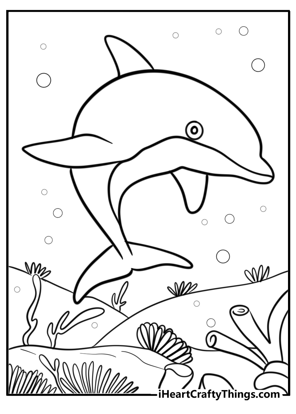 Dolphin swimming near a coral reef coloring sheet