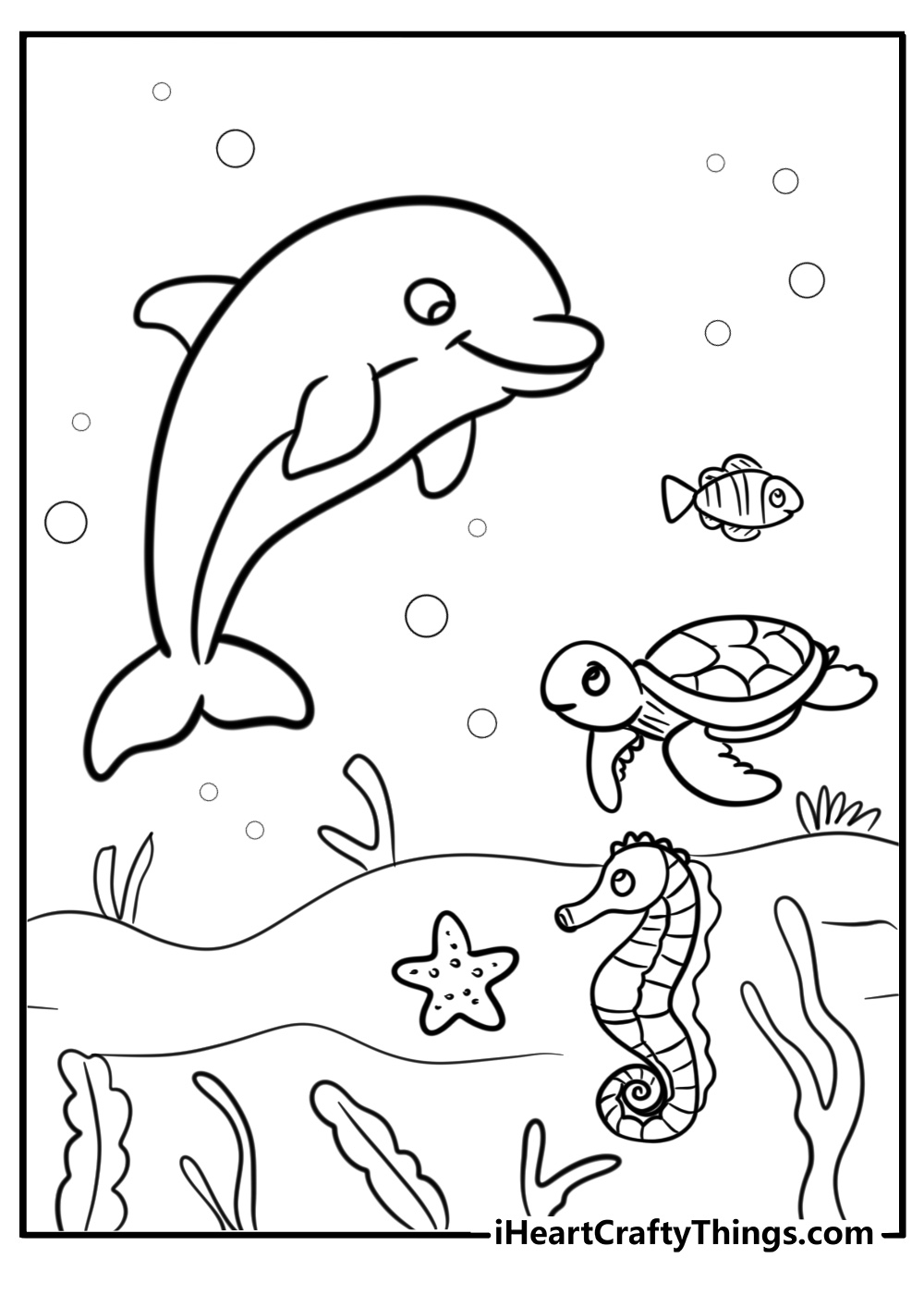 Dolphin under the ocean with sea creatures coloring page