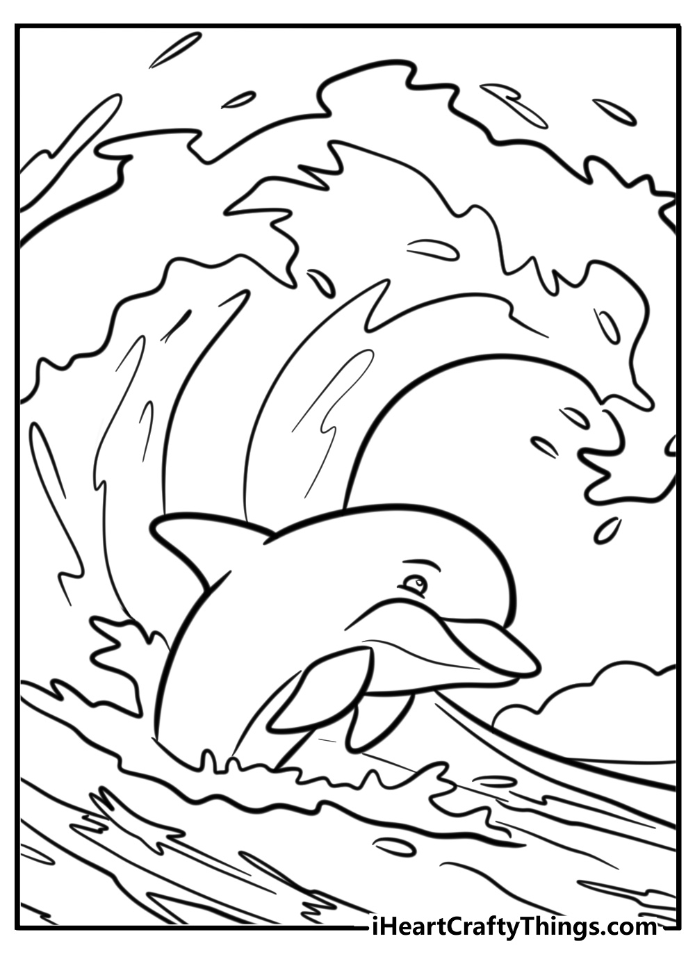 Dolphin with a big wave fun printable coloring page