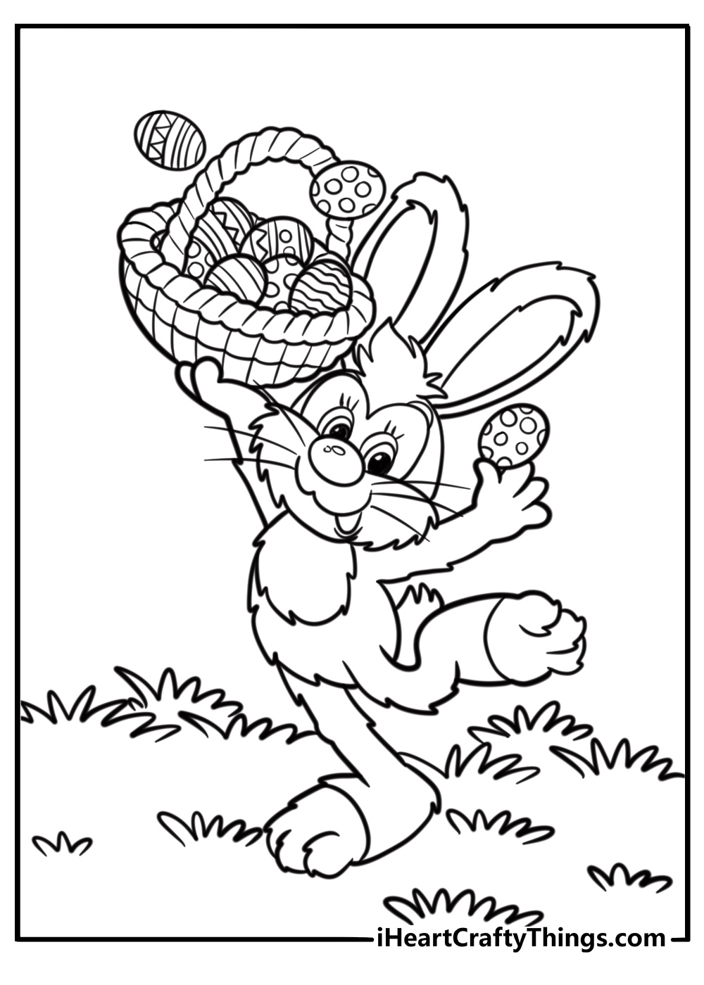 Easter bunny dancing with a basket of decorated eggs