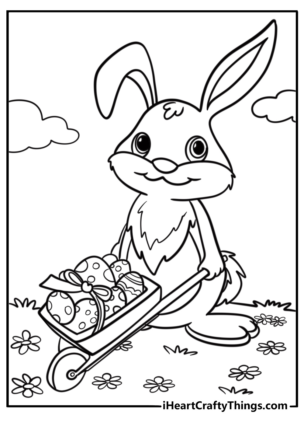 Easter bunny delivering eggs in a wheelbarrow