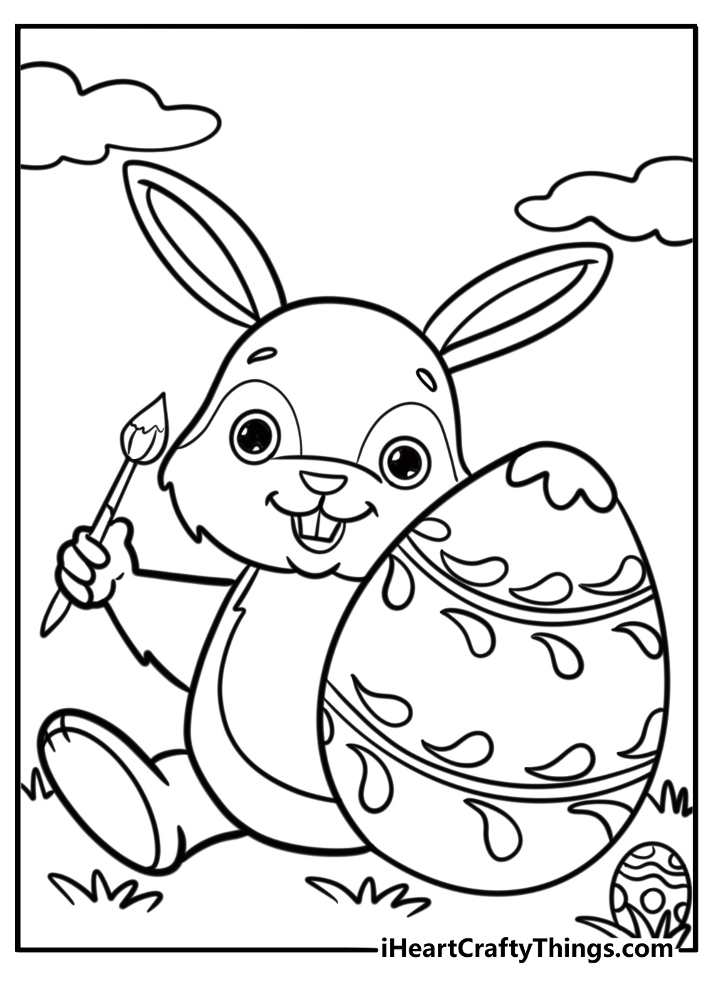 Easter bunny painting a large easter egg with bright colors