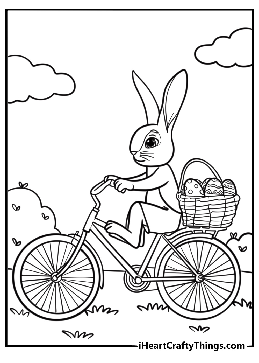 Easter bunny riding a bicycle with a basket of eggs