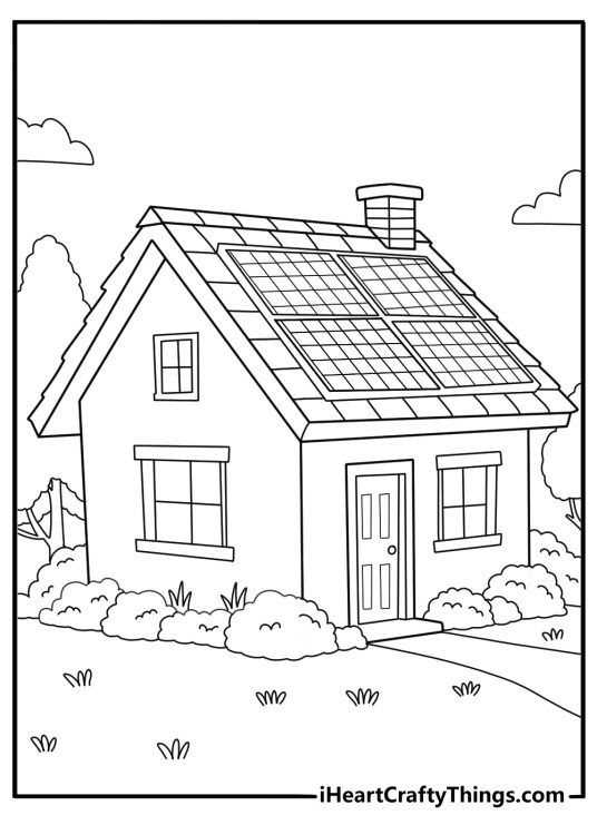 eco friendly house with solar panels and rain barrel detailed coloring sheet
