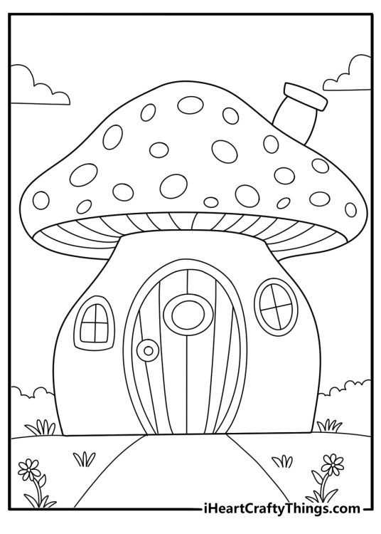 fairy cottage house with mushrooms cute kawaii coloring page pdf