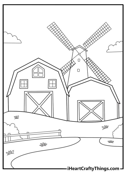 farmhouse with barn and windmill rural house coloring printable
