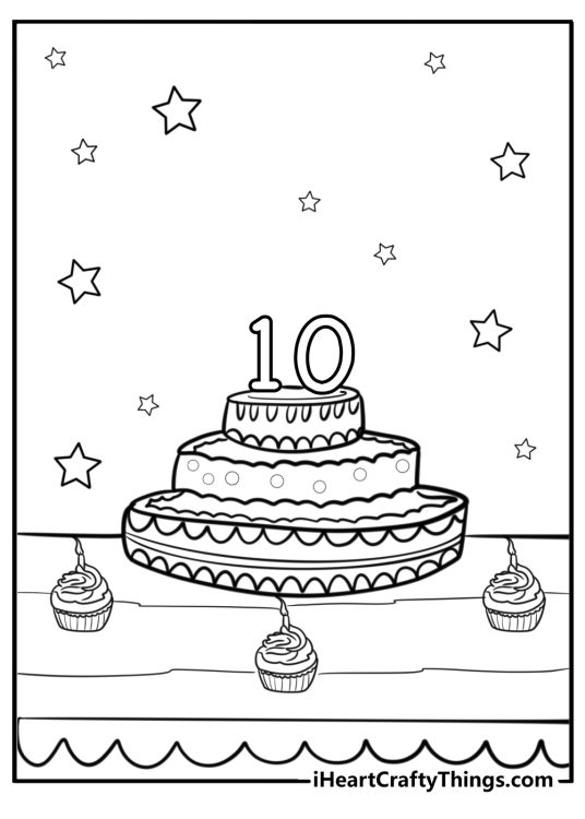 Happy birthday-themed picture showing three-layered 10th birthday cake surrounded by three cupcakes and stars