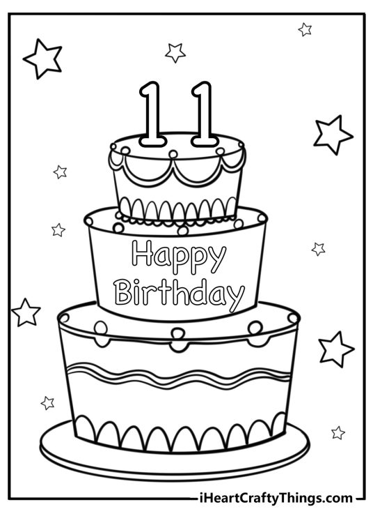 Picture showing Happy birthday phrase written in the centre of a three-layered 11th birthday cake