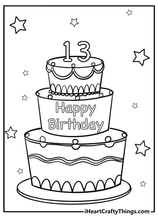 Happy birthday picture presenting tall three-layered cake with number 13 on the top and stars all around it