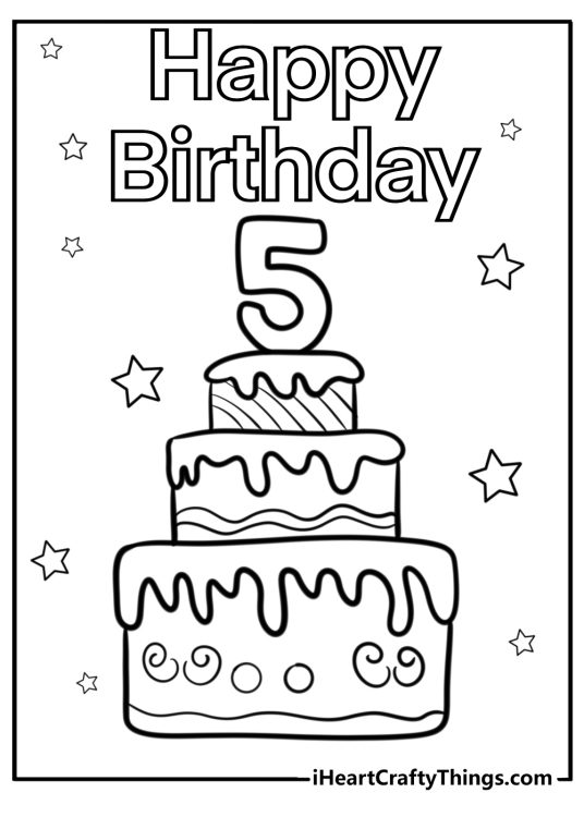 Picture for kids showing Happy birthday phrase written above a delicious 5th birthday cake