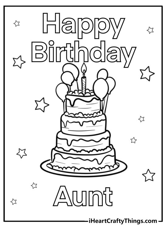 Picture featuring phrase Happy birthday Aunt and a four-layered birthday cake with a single candle