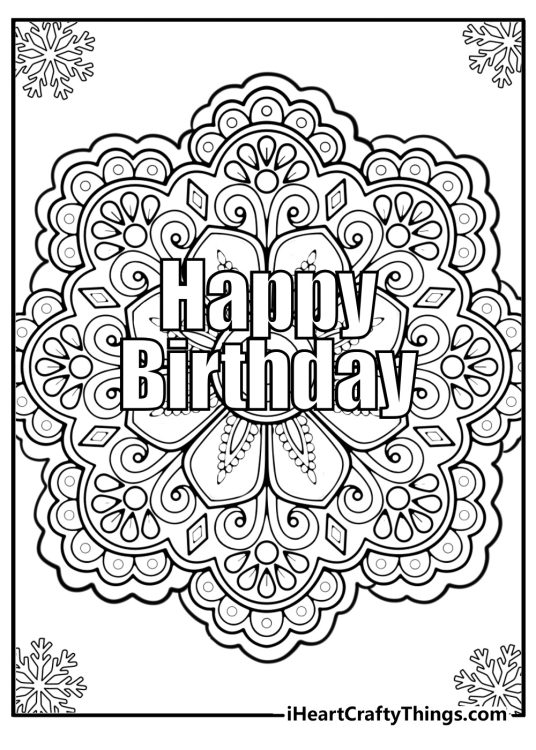 Coloring page for adults featuring Happy birthday phrase with intricate floral mandala behind it