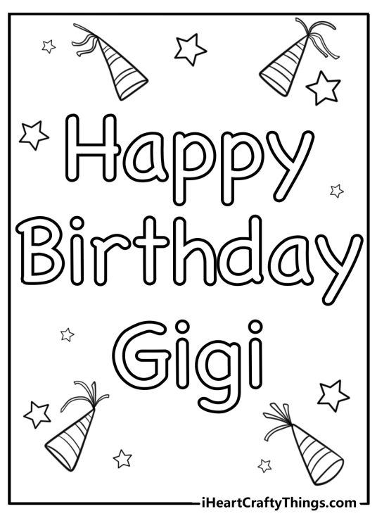 Image presenting Happy birthday Gigi phrase with stars and party hats in the background