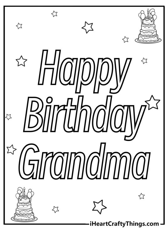 Picture featuring phrase Happy birthday Grandma surrounded by many stars and two birthday cakes