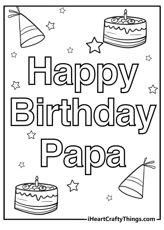 Picture featuring words Happy birthday Papa surrounded by stars party hats and birthday cakes