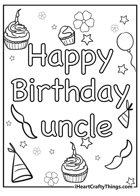 Coloring card with words Happy birthday uncle surrounded by various birthday symbols
