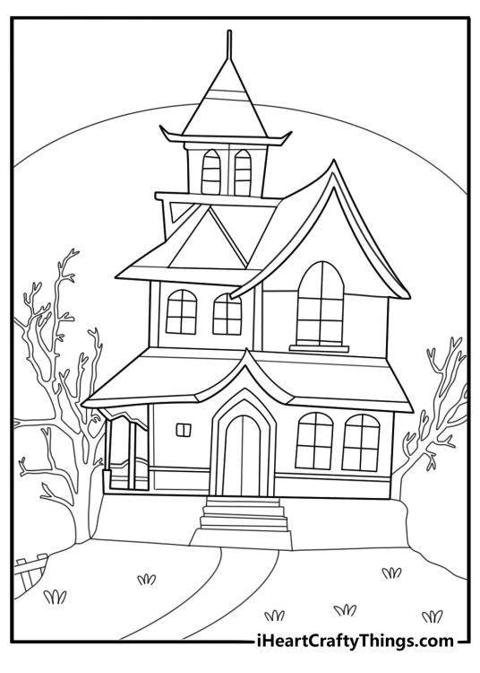haunted house with moon and bare tree spooky printable coloring page