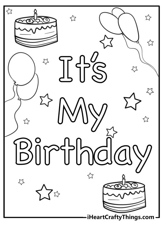 Happy birthday card showing words Its my birthday with stars balloons and cakes in the background