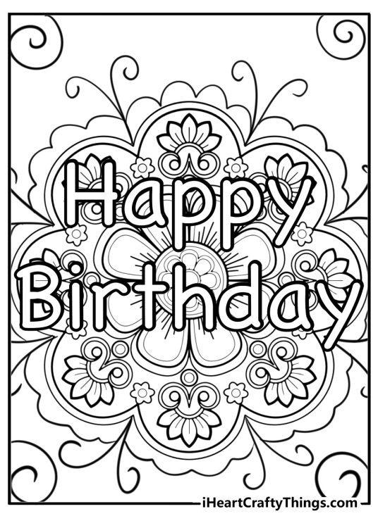 Detailed coloring page for adults with Happy birthday phrase and floral mandala in the background