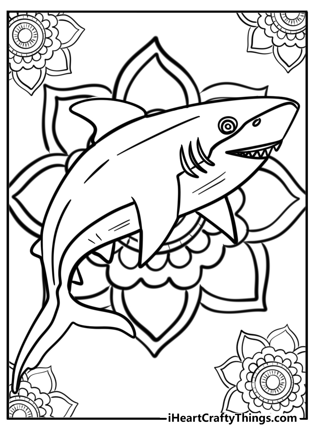 Mandala with shark coloring page outline
