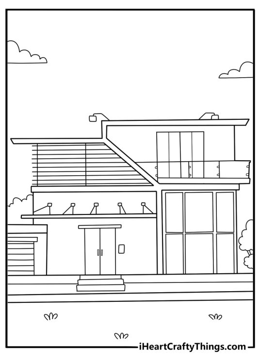 modern glass front house coloring page printable for kids