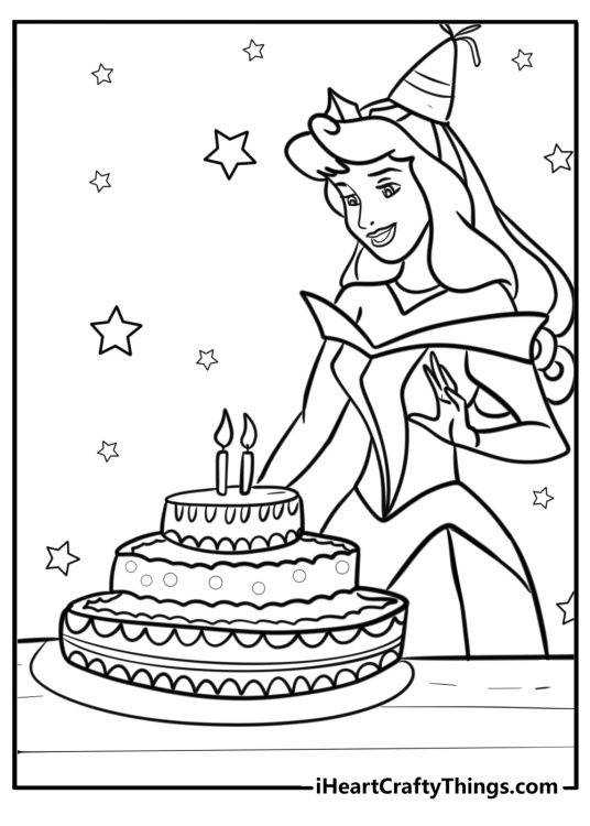 Happy birthday-themed image depicting gorgeous princess looking at her birthday cake with two lit candles