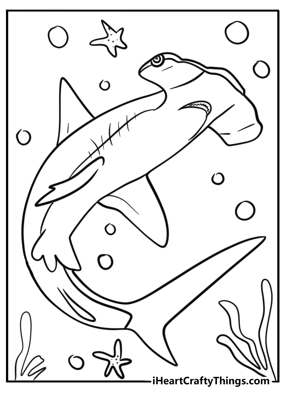 Realistic hammerhead shark coloring page with anchor