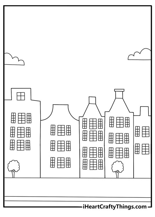 row of Victorian townhouses city house coloring sheet download