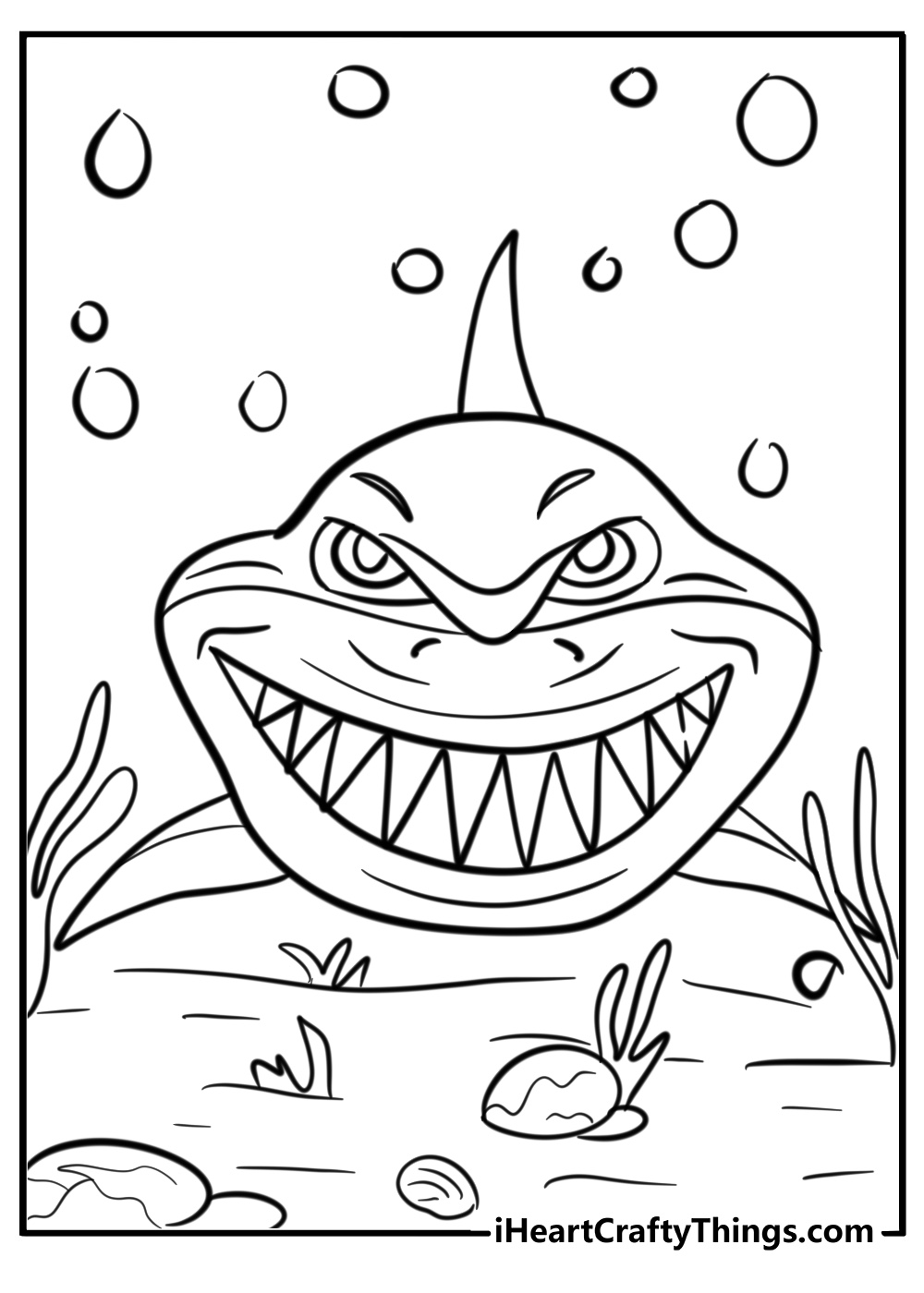 Scary cartoon shark coloring page showing teeth