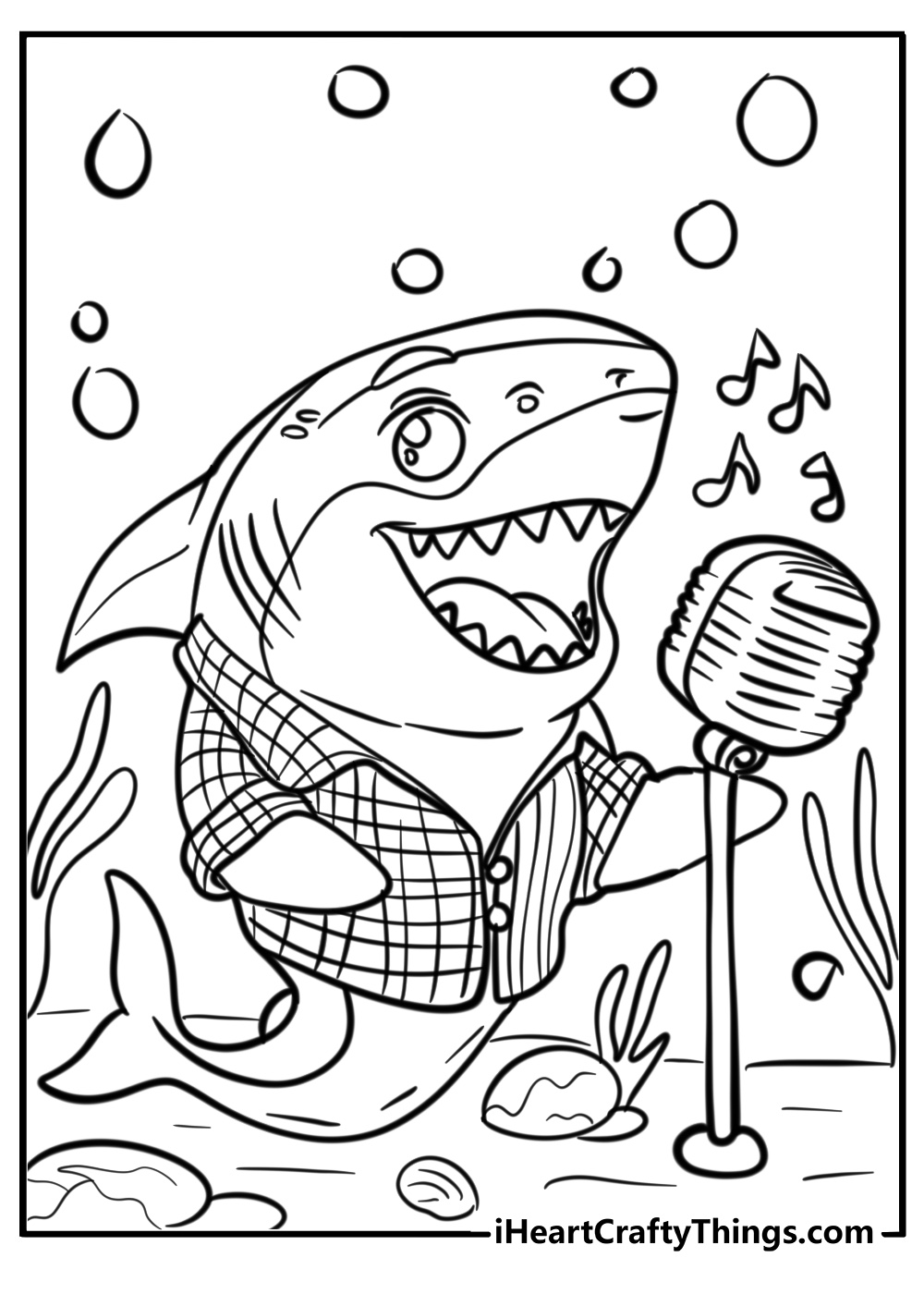 Shark coloring page in shirt singing on microphone