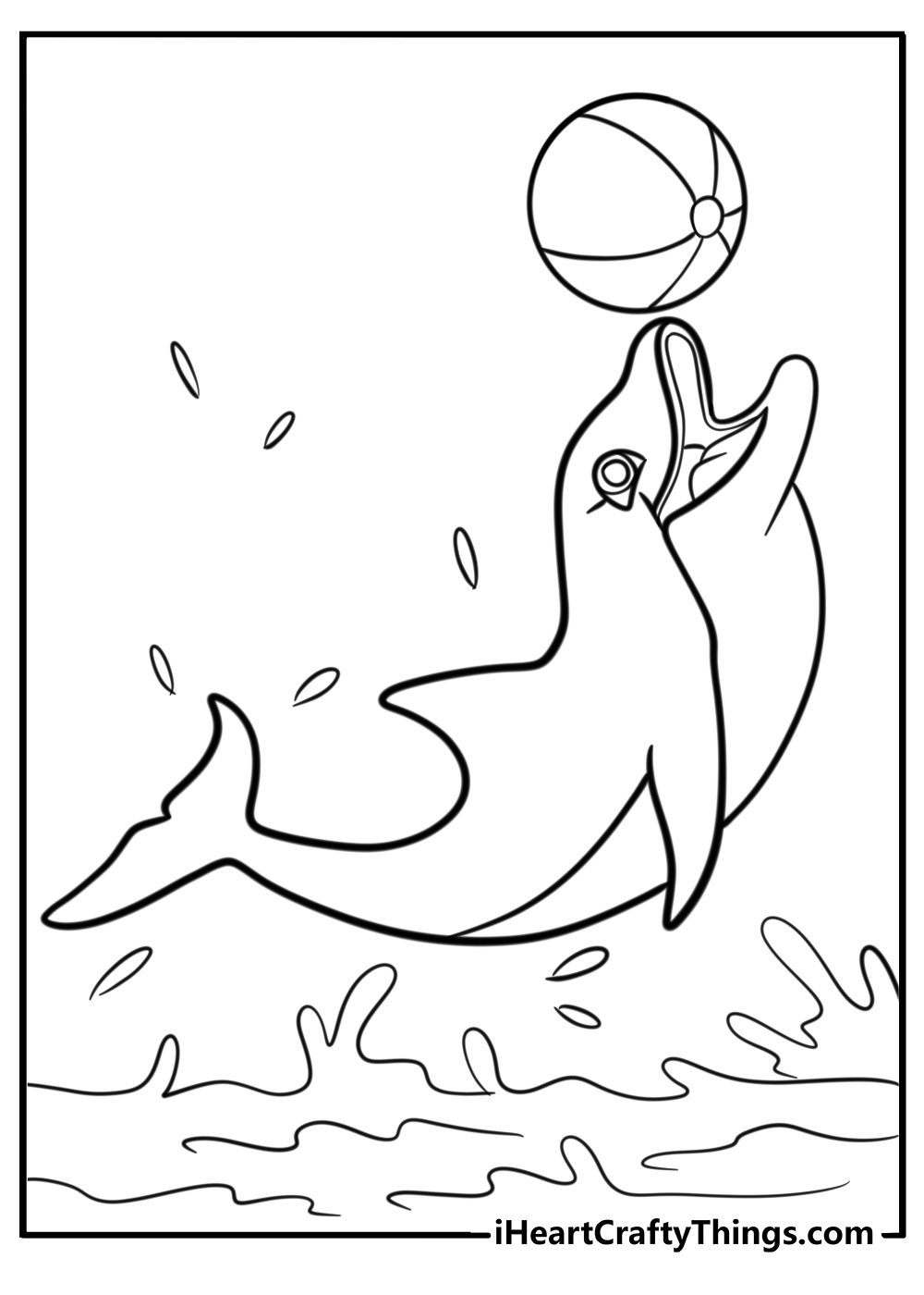 Smiling dolphin playing in the water coloring page for kids