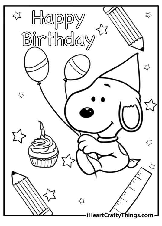 Happy birthday-themed coloring page showing Snoopy dog celebrating his birthday surrounded by stars and pencils