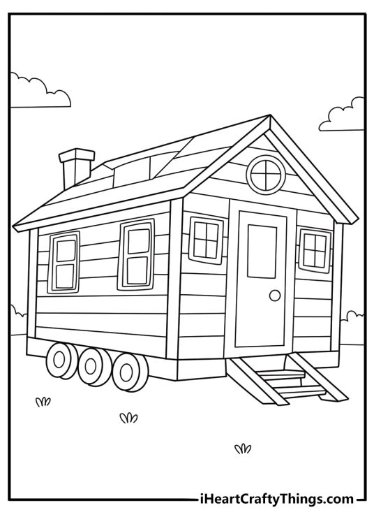 tiny house on wheels with small porch simple printable coloring page