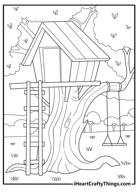 treehouse with rope ladder and wooden deck fun house coloring page for kids