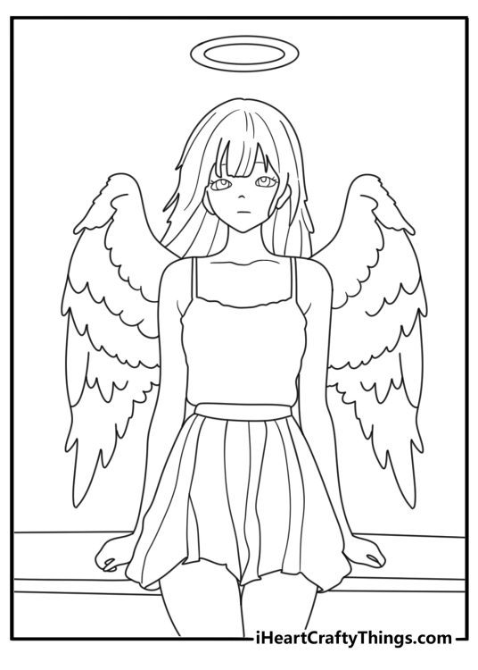 Anime angel with wings and halo floating above clouds printable coloring page