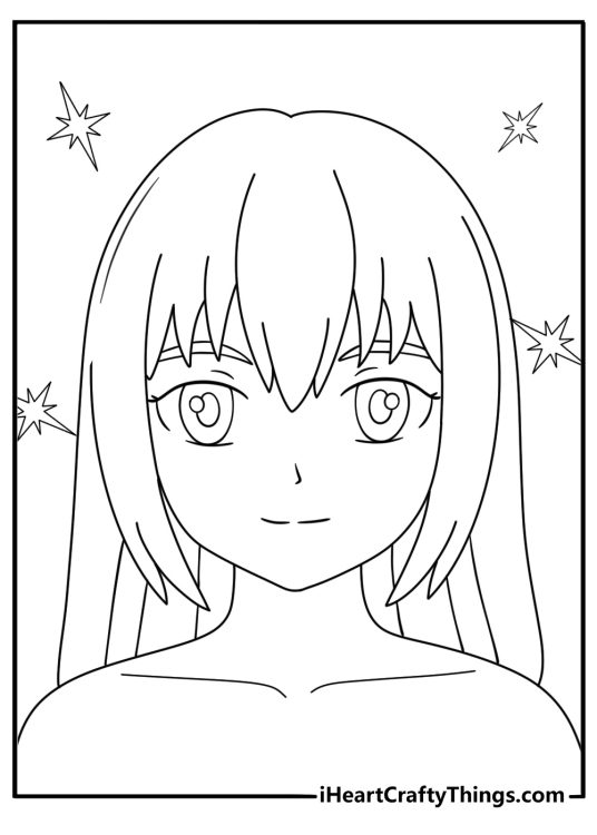 Anime face front view with soft hair outline coloring page