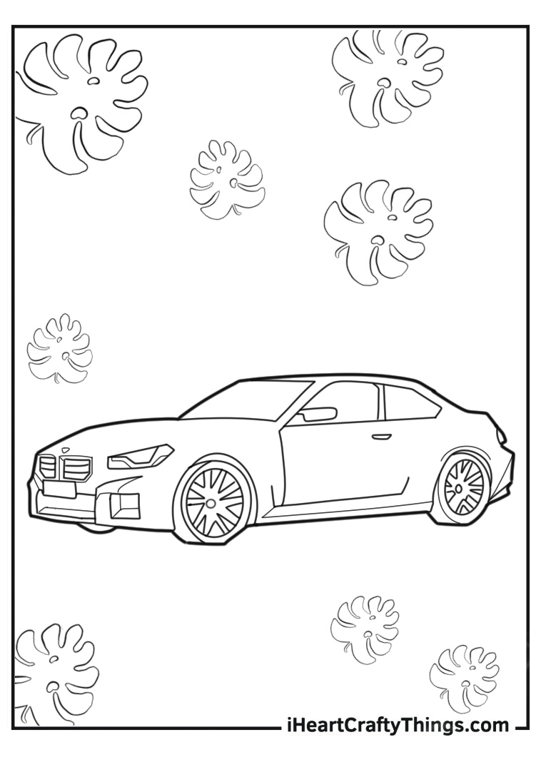 Coloring picture for kids featuring BMW car drawn in a simple way with palm leaves all around it