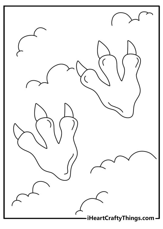 Baby Dinosaur coloring page with small dinosaur footprints in mud