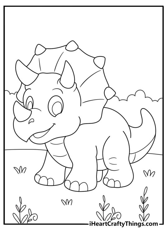 Baby Dinosaur coloring page with tiny triceratops walking near ferns